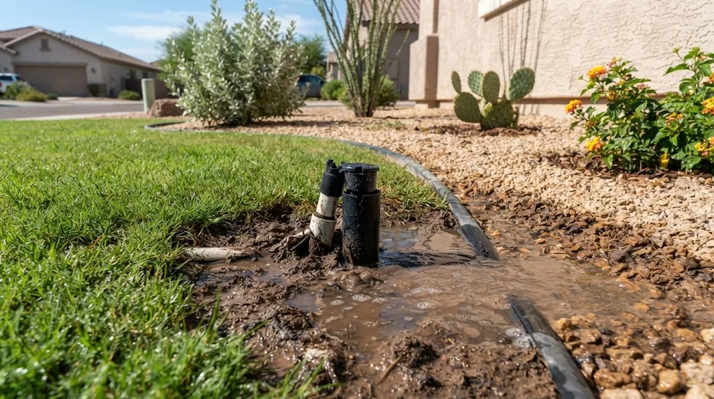 Leaking sprinkler head beside turf and gravel in a Gilbert-style yard