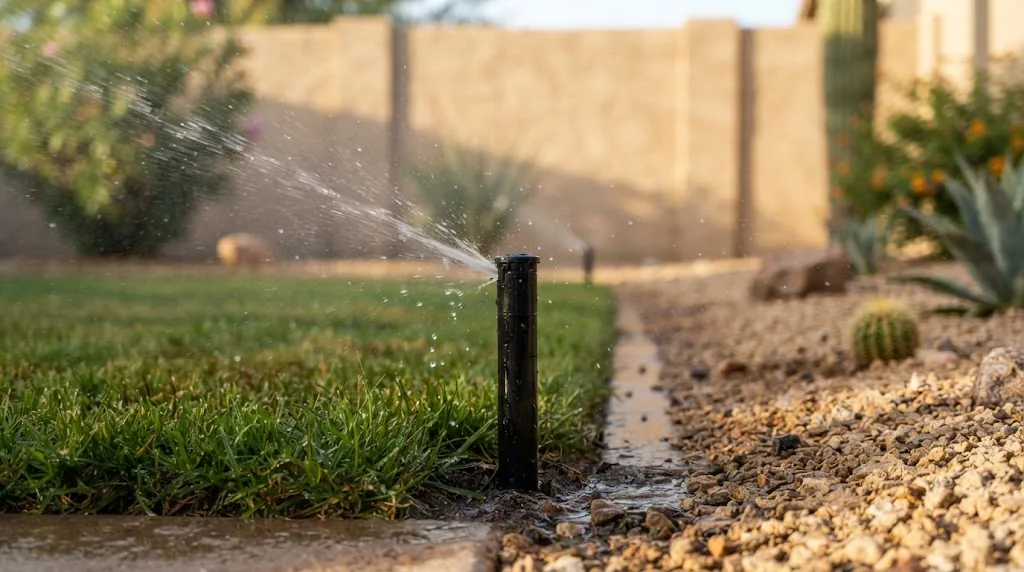 Pop-up sprinkler watering turf beside Gilbert-style gravel xeriscape